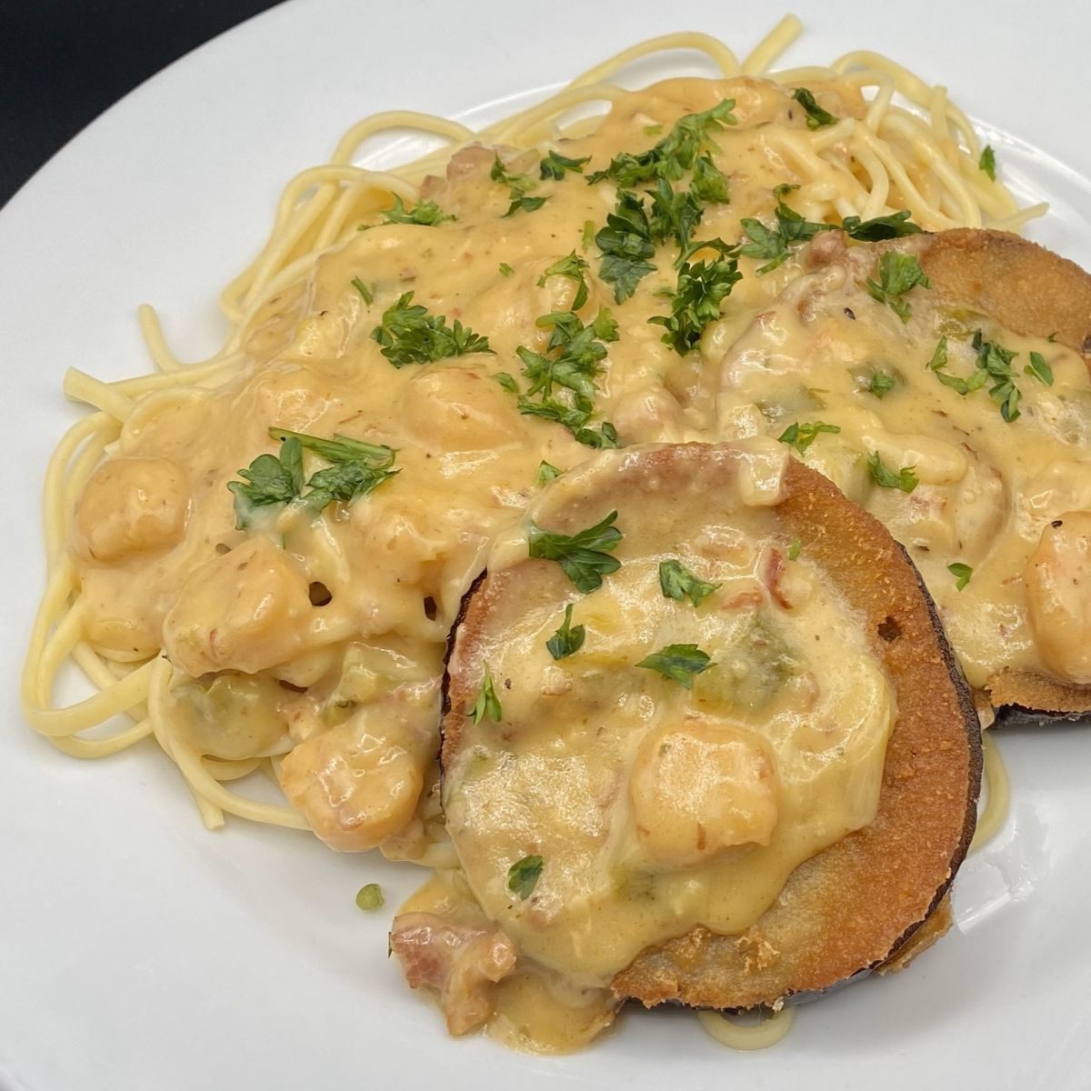 Shrimp Tasso Sauce with Eggplant Medallions